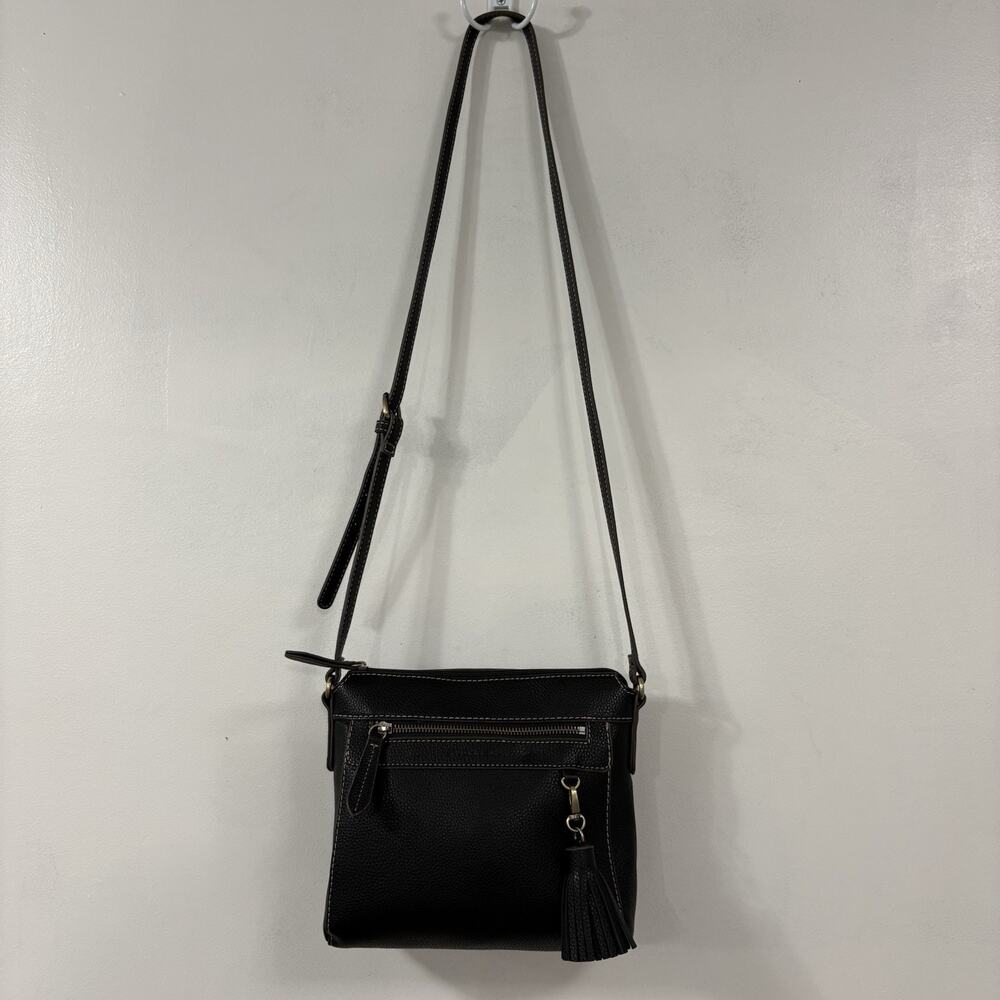 St Johns Bay Black Crossbody Bag Tassel Faux Leather Zip Pocket Purse